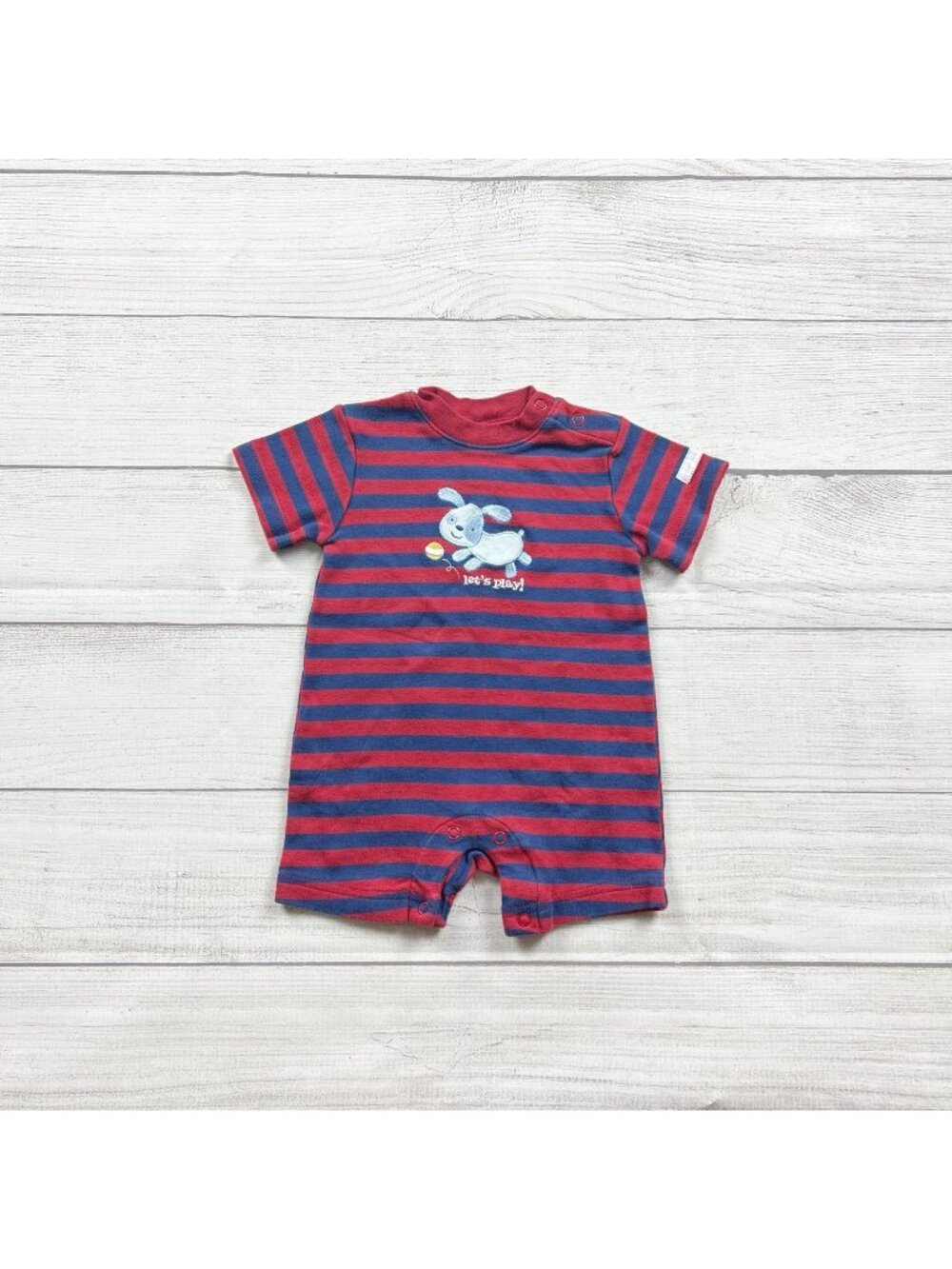 Small Wonders Romper Red Blue Striped Short Sleeve Let’s Play Puppy 6-9 Months